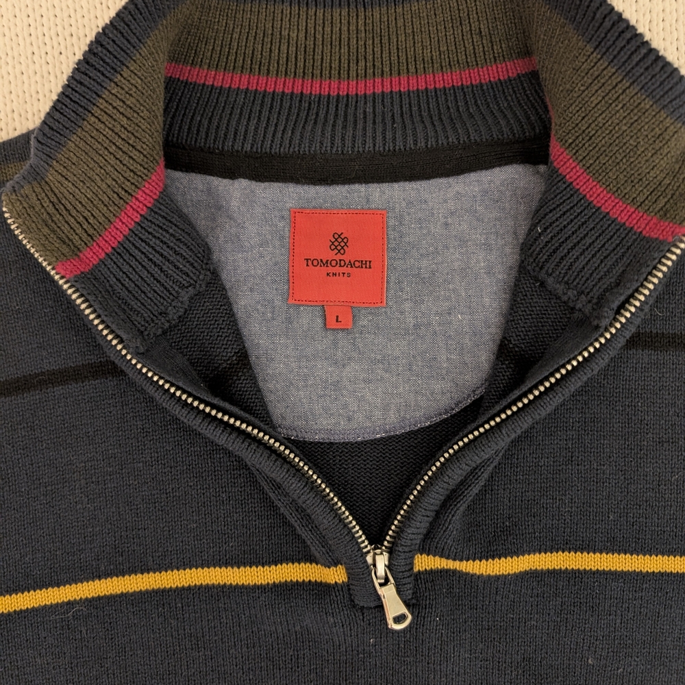 Tomodachi Men's Knit Sweater Navy Blue Striped 1/4 Zip Cotton Size Large Preppy - Picture 7 of 8